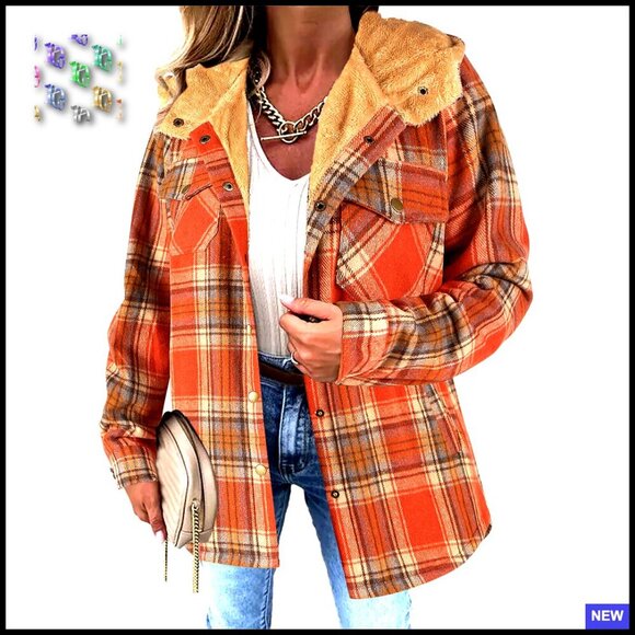 Jackets & Blazers - Plaid Sherpa Lined Shacket Jacket Oversized Fit Hooded Winter Warm Fleece